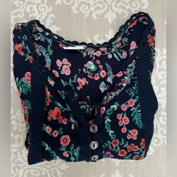 Bila Floral Navy Blue Lace Sleeveless Top Size M - Picture 9 of 11